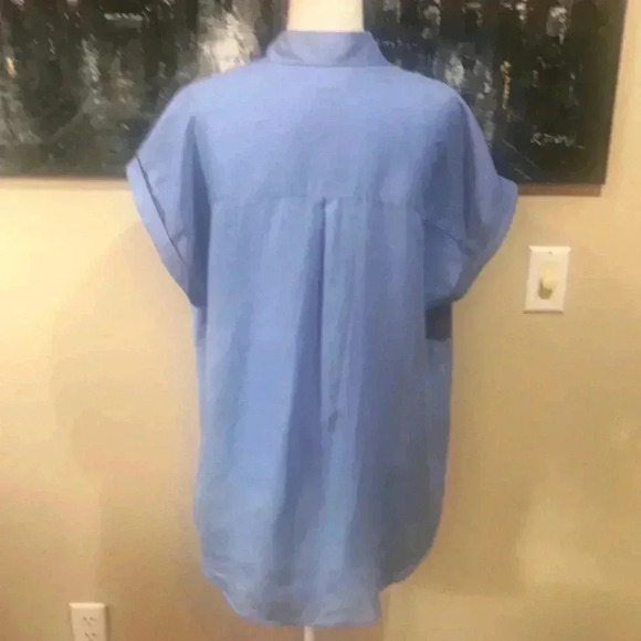 RACHEL ZOE Blue V Neck Collar Button Down 100% Linen Hi-Low Oversized Top - Picture 2 of 13